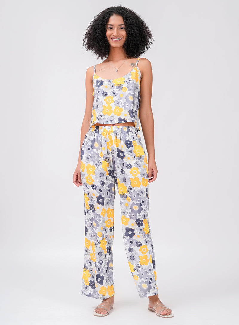 CHILL AND THRILL PRINTED SATIN CO-ORD SET | YELLOW