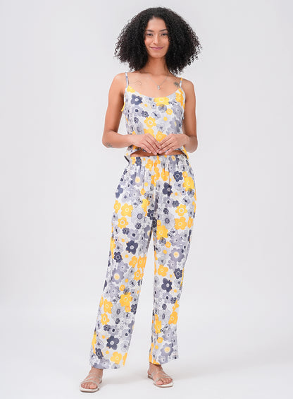 CHILL AND THRILL PRINTED SATIN CO-ORD SET | YELLOW