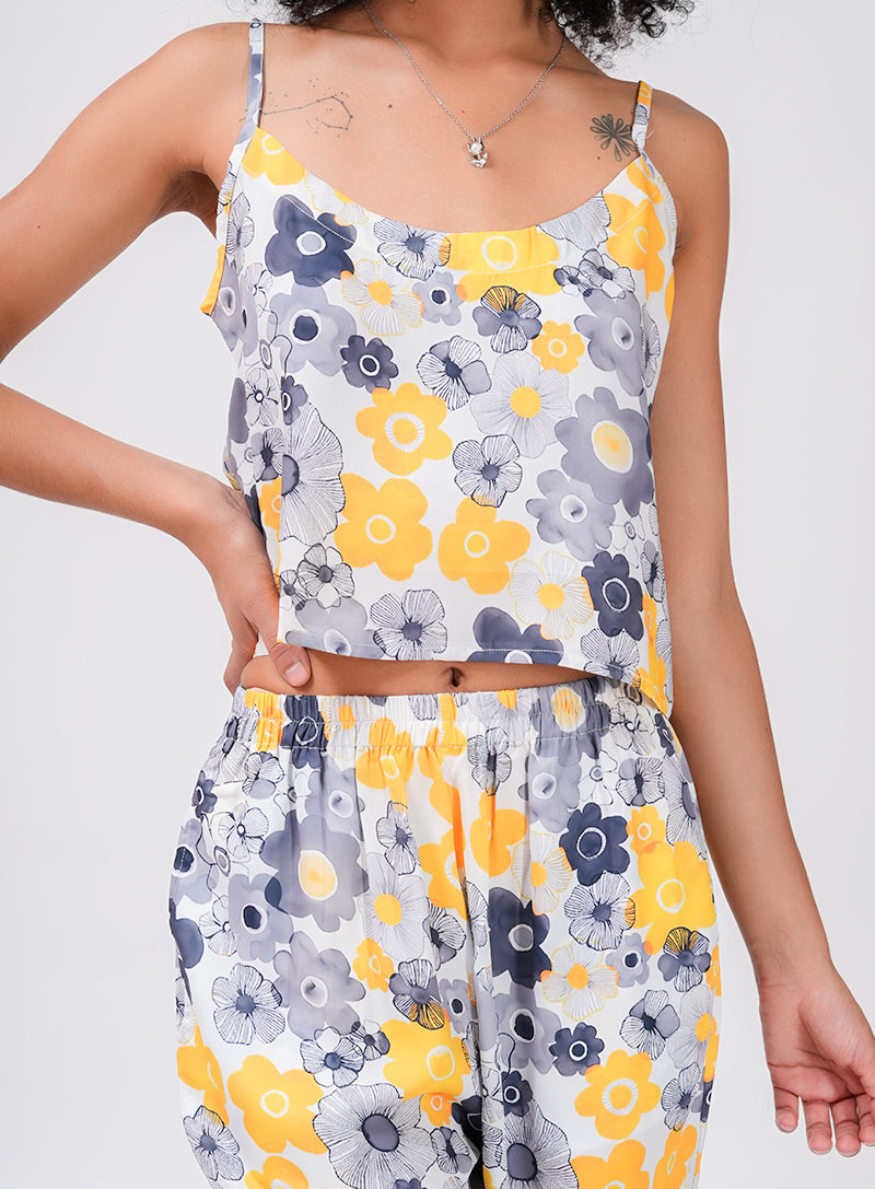 CHILL AND THRILL PRINTED SATIN CO-ORD SET | YELLOW