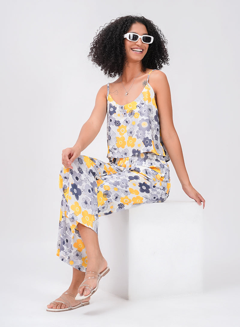 CHILL AND THRILL PRINTED SATIN CO-ORD SET | YELLOW