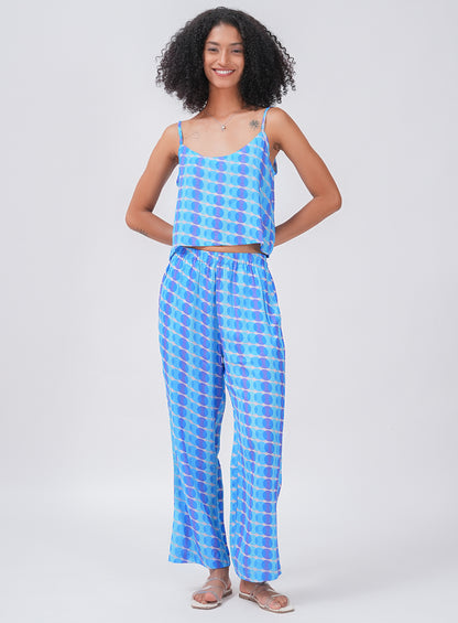 CHILL AND THRILL PRINTED SATIN CO-ORD SET| BLUE