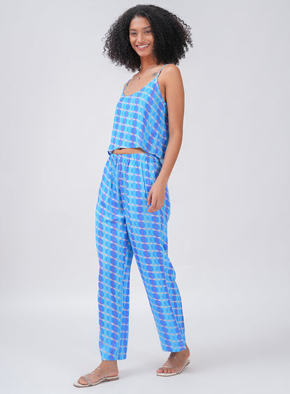 CHILL AND THRILL PRINTED SATIN CO-ORD SET| BLUE